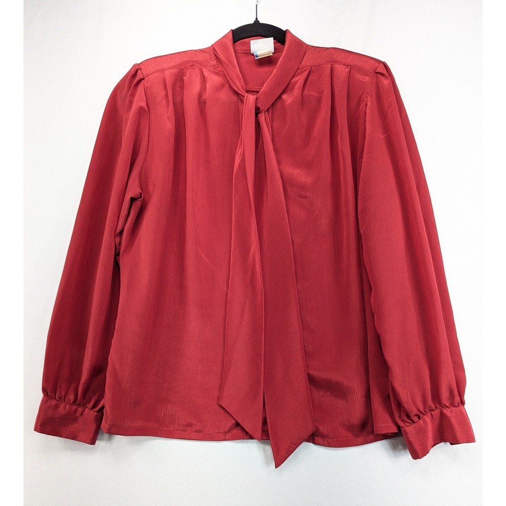 Koret Vintage‎ Red Bow Blouse Long Sleeve Tie Neck Pleated Texture USA Made